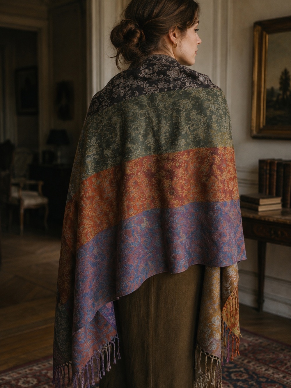 Moksha Anthropologie Paisley Wool Scarf Wrap Multicolor Fringe Boho Lagenlook